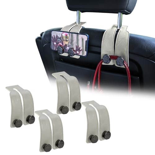 4 PCS Leather Car Seat Hooks for Headrest, Vehicle Hanger Storage Organizer Universal for Handbag Purse, Car Accessories Gift (Grey-Black-4 PCS) - color: Grey-Black-4 PCS