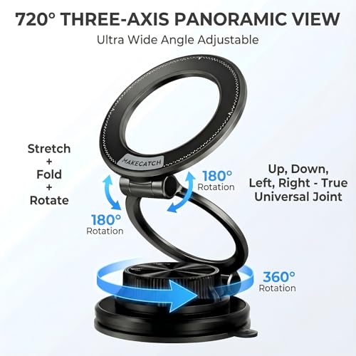 Magnetic Car Phone Mount, 0.83" Ultra-Slim Foldable Holder, [Vacuum Suction & Adhesive Pad] for Textured Dashboard/Windshield, 3-Joint Metal MagSafe Mount for iPhone 17 Pro Max/Pixel (Black) - color: Black