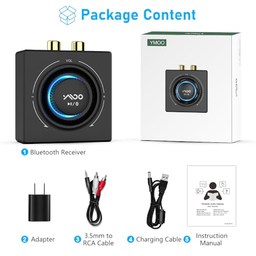 YMOO B06T3 Bluetooth 5.3 Receiver, 100ft RCA Bluetooth Audio Adapter for 3.5mm Jack AUX HiFi Home Stereo/Speaker from Smartphone/Tablet/Laptop, Dual Link for Two Speakers, SBC AAC Audio - color: Black