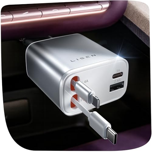 LISEN Retractable Car Charger for iPhone, for iPhone 17 Pro Max 16 15 14 13 12 Plus Mini, Cute 4 in 1 Retractable USB C Car Charger Fast Chareg for Women Men, 84W Fast Charging Car Accessorie - color: White, size: 31.5 Inch