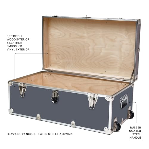 Rhino Trunk & Case Large Essential Trunk With Wheels 32”x18”x14”, 1000+ lbs Capacity - Many Colors. Strong, USA Made Summer Camp Footlocker, and Secure College Dorm Storage Chest - color: Slate