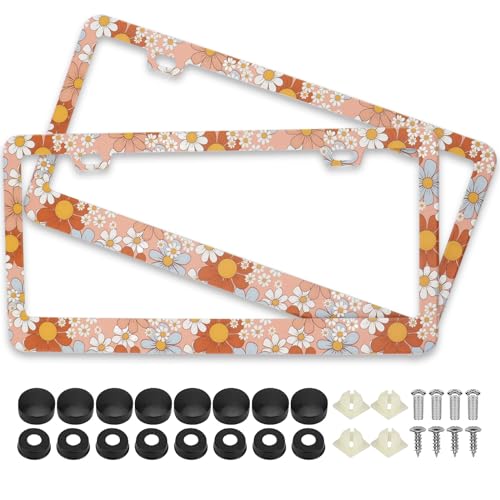 Retro Floral Daisy License Plate Frames Pink, 2 Pack Colorful Flowers Car Plate Frame, Stainless Steel License Plate Holders Covers with Free Screws Fasteners Caps (Pink Retro Floral Daisy) - color: Pink Retro Floral Daisy