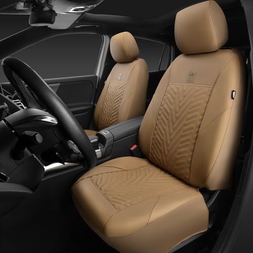 CAR PASS Faux Leather Car Seat Covers, 3D Tyre Embossed Waterproof Universal Fit 5 Seat Covers for SUV, Automotive Truck, Scratch Proof, Airbag Compatible (Deluxe Full Set, All Beige) - color: All Beige