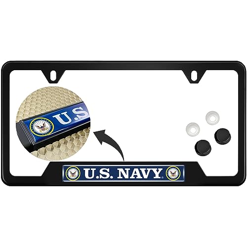 [Officially Licensed Product] - Stainless Steel Matte Black CAR 2-Hole Standard Size - Domed Custom-Made Corrosion-Resistant License Plate Frame with U.S. Navy Design and Free caps - (Qty: 1 Frame) - size: U.S. Navy