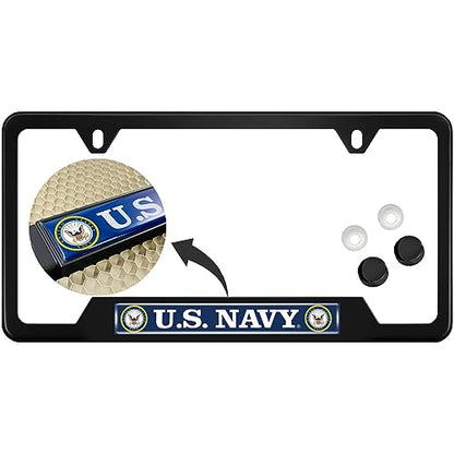[Officially Licensed Product] - Stainless Steel Matte Black CAR 2-Hole Standard Size - Domed Custom-Made Corrosion-Resistant License Plate Frame with U.S. Navy Design and Free caps - (Qty: 1 Frame) - size: U.S. Navy