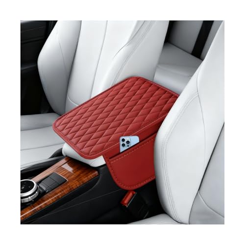 Car Centre Console Cover, Leather Vehicle Armrest Cushion with 2 Storage Pockets, Waterproof Automotive Interior Arm Rest Cover Pad Accessories, Universal for SUV Sedan Truck (Rose Red) - color: Rose Red