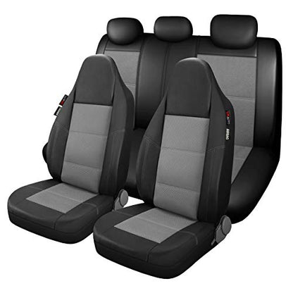 P&J AUTO Leather and Mesh High Back Car Seat Cover Full Set Integrated Bucket Seat Airbag Compatible (Grey) - color: Black and Grey