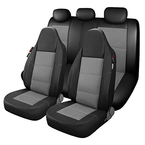 P&J AUTO Leather and Mesh High Back Car Seat Cover Full Set Integrated Bucket Seat Airbag Compatible (Grey) - color: Black and Grey