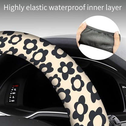 Steering Wheel Covers for Car, Truck, and SUV, Cute Non-Slip Breathable Elastic Steering Wheel, Car Accessories, Universal 15 Inch Leather Cover for Men Women Black Flower - color: Black Flower