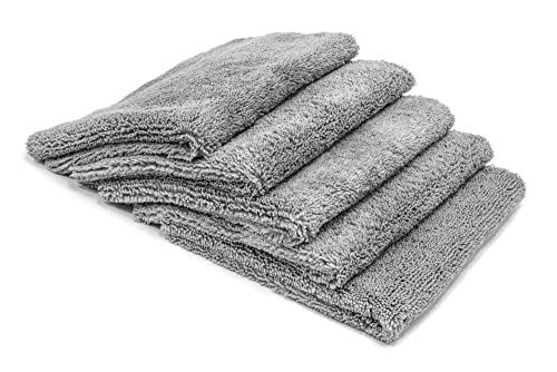Autofiber Elite Edgeless Two-Pile Microfiber Detailing Towel, All-Purpose Detail Rag, Polishing, Buffing, Window, Glass, Waterless, Rinseless and Car Wash Towels - Pack of 5, Gray (16 inch x 16 inch)