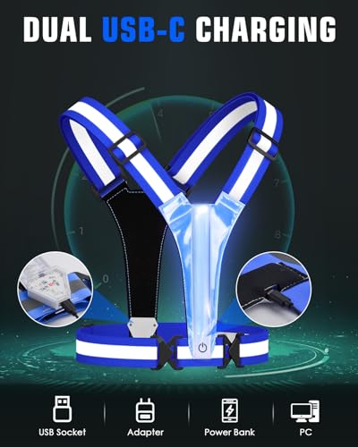 Zacro LED Reflective Vest with Chest Light 500LM, 5 RGB Colors High Visibility Rechargeable Light Up Running Vest IPX4 Night Safety Running Gear for Dog Walking, Cycling, Adjustable for Men Women Kids - color: Blue