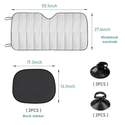 Dickno Car Windshield Sun Shade, 55.1"×27.5" Foldable Front Window Shade Protect Your Car from Sun Heat & Glare Best UV Ray, Auto Windscreen Sun Blocker Shield with 2 Side Window Shades
