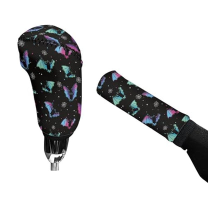 Jeiento Galaxy Rainbow Bat Handbrake Cover for Women Men Anti Slip Halloween Colorful Bat Auto Gear Shift Knob Covers Protective Accessories Universal Fit Most Cars - color: Galaxy Rainbow Bat