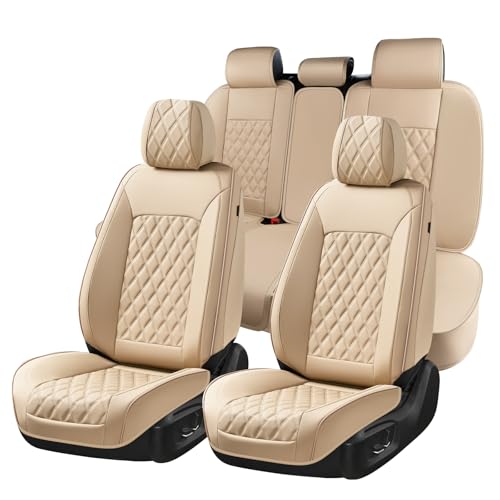 Huidasource Beige Seat Covers, Nappa Leather Car Seat Covers, Velcro Adjustable, Compatible with Airbags, Armrests, Child Seat, Universal Fit for Most Cars, Vans, Trucks, SUVs (Full Set/Beige) - color: 01FS# Beige01, size: 5pcs Full Set