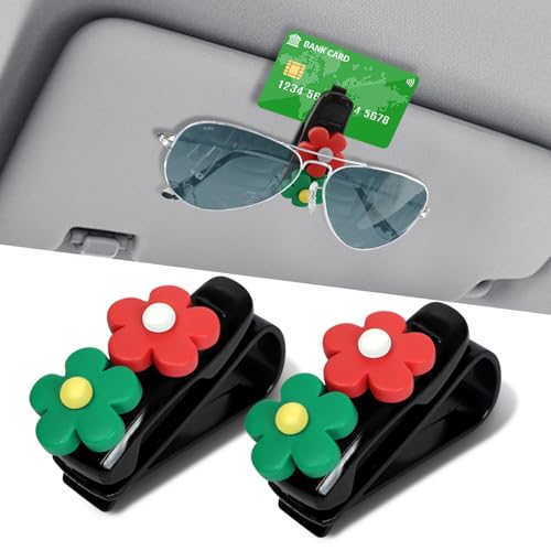 2PCS Flowers Car Sun Visor Sunglass Holder, Visor Sunglasses Clip, Multifunctional Sunglasses Holder and Ticket Card Clip, Car Sunglass Organizer for Different Size Glasses (Green/Red) - color: Green/Red