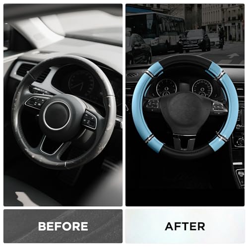 Road Comfort Leather Steering Wheel Cover – Premium Anti-Slip Car Steering Wheel Grip Cover – Universal Fit for 14.5”–15” Cars, Trucks & SUVs - Blue - color: Blue