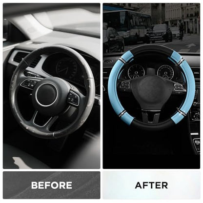 Road Comfort Leather Steering Wheel Cover – Premium Anti-Slip Car Steering Wheel Grip Cover – Universal Fit for 14.5”–15” Cars, Trucks & SUVs - Blue - color: Blue