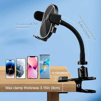 ROCKFREE Clip Phone Holder with 360° Gooseneck Arm & Auto-Locking Clamp,Short/Medium/Long Arm Options for Desk, Mic Stand, Table,Treadmill – Fits 4-7" Smartphones(Medium-5.9 inch Arm) - size: Medium-5.9 inch Arm