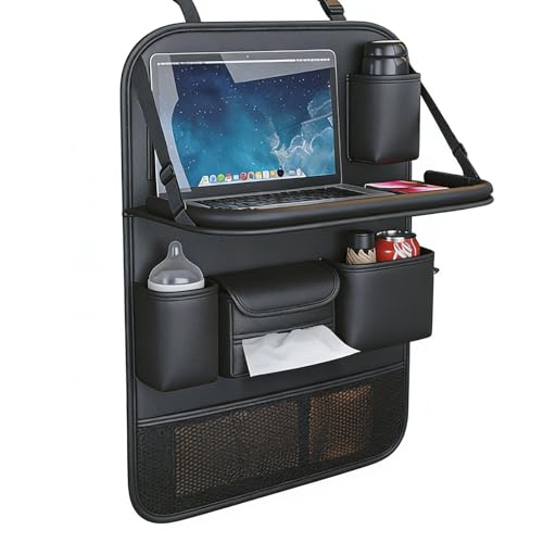 Car Seat Back Organizer with Foldable Tray, Car Seat Back Protector, Premium Leather Kick Mats, Multiple Storage Pockets, Travel Accessories for SUV Truck (Long) - size: Long