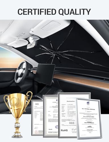 BASENOR 2017-2026 Tesla Model Y Model 3 Windshield Sunshade Umbrell [Nano Ice Crystal Particle] Front Window Shade, Coating 100% Heat Protection Retractable Sunshades - size: Model 3/Y Umbrella