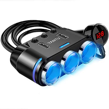 YANTU Cigarette Lighter Adapter & Splitter with 150W 3-Sockets & LED Ambient Lighting, Dual USB Fast Charging Car Outlet 12V, Car Cigarette Lighter Socket Plug Extension for Vehicles - color: BLACK