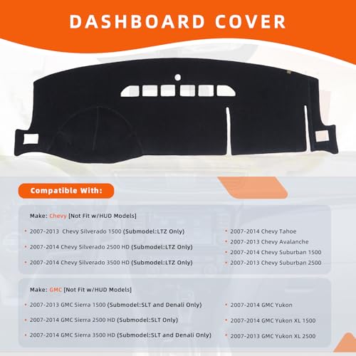 Dashboard Cover Dash Mat Fit for 13-07 Chevy Tahoe Suburban,Silverado 1500 LTZ/G-MC Yukon,Sierra 1500 SLT (W/o HUD),Car Dash Board Mat Anti-Glare Carpet,Non-Slip Pad (Black) - color: Black, size: Fit 07-14 Yukon/Tahoe/Silverado