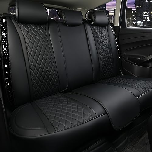 CAR PASS Bling Diamond Back Seat Covers, Nappa Leather Rear Seat Bench Cushion Waterproof Breathable Back Row Protector Universal Fit Car Sedan SUV Pickup Truck Shining Rhinestone Sparkle, Black - color: Black Diamond Rear, size: Back Rear Seats