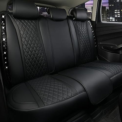 CAR PASS Bling Diamond Back Seat Covers, Nappa Leather Rear Seat Bench Cushion Waterproof Breathable Back Row Protector Universal Fit Car Sedan SUV Pickup Truck Shining Rhinestone Sparkle, Black - color: Black Diamond Rear, size: Back Rear Seats