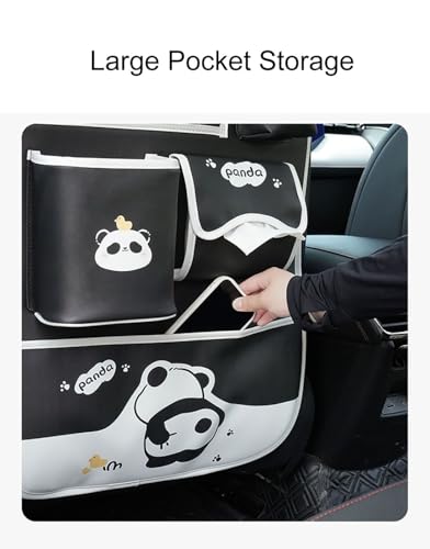 YUNZLAN Cute Panda Leather Car Backseat Organizer 1 Pack Car Seat Back Protectors with Clear 10" Tablet Holder + 4 Storage Pockets - color: Black