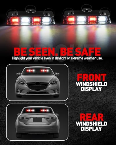 HLauto 2002L Emergency Dash Strobe Lights: Red White Safety Lights, Flashing Warning Hazard Windshield Visor Traffic Light Bars for Trucks, Construction Vehicles (2x8.5 inch, 48LED) - color: Red/White
