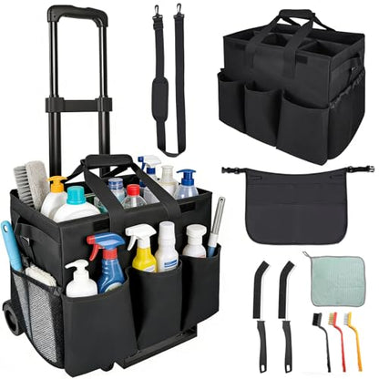 Cleaning Tools Cleaning Caddy with Wheels and Cleaning Apron, Large Rolling Cleaning Caddy Bag with Detachable Trolley, 6PCS Crevice Cleaning Brush Set, Adjustable Shoulder Strap & Multiple Pockets