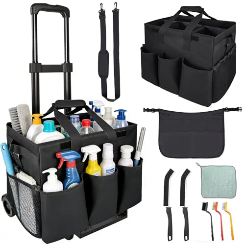 Cleaning Tools Cleaning Caddy with Wheels and Cleaning Apron, Large Rolling Cleaning Caddy Bag with Detachable Trolley, 6PCS Crevice Cleaning Brush Set, Adjustable Shoulder Strap & Multiple Pockets
