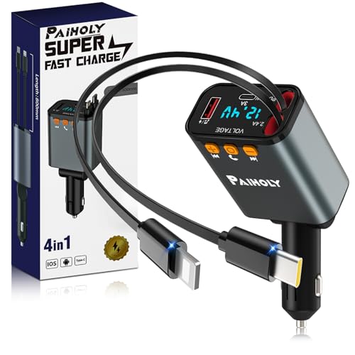 Bluetooth 5.3 Car Adapter, FM Transmitter Bluetooth Car Charger, 4 in 1 Retractable Car Charger, Phone USB C PD Fast Charging Adapter for RV SUV Truck, Fit iPhone 17/16/15/14 (Type C & Lightning)