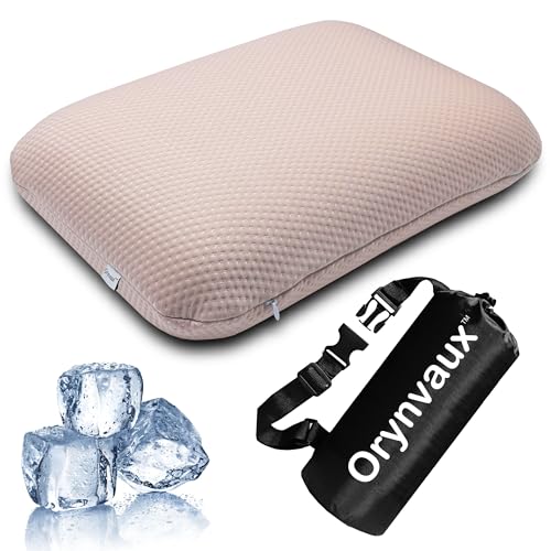 Cooling Camping Pillow, Memory Foam Travel Pillow with Adjustable Buckle Strap & Storage Bag, Compact Small Pillow for Airplane, Car Lumbar, Office, Washable Cooling Cover, Sakura Pink - color: Sakura Pink, size: L-17.5*11.8*4.3in