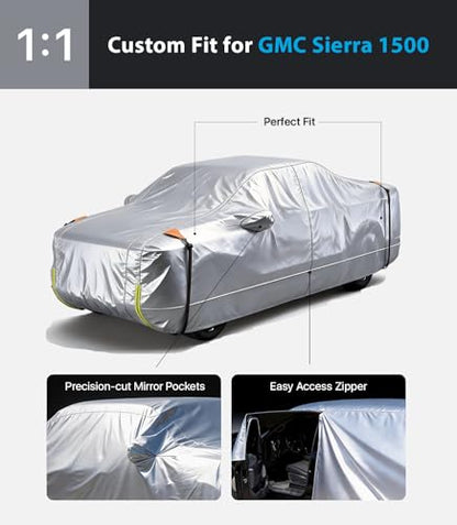 Wigoo GMC Sierra 1500 2500 3500 Truck Car Cover Accessories 2019-2026, Custom Fit Waterproof All Weather Outdoor Pickup Cover, Windproof UV Rain Snow Dust Protection, Door Zipper, Reflective Strips - size: for GMC Sierra 1500 2500 3500 (2019-2026)