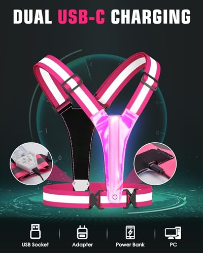 Zacro LED Reflective Vest with Chest Light 500LM, 5 RGB Colors High Visibility Rechargeable Light Up Running Vest IPX4 Night Safety Running Gear for Dog Walking, Cycling, Adjustable for Men Women Kids - color: Pink