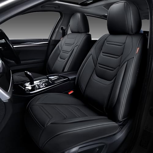TIEHESYT Leather Seat Covers Front Pair with Lumbar Support, Breathable and Waterproof Car Seat Cover, Universal Seat Covers for Cars, Trucks, SUVs, Sedans, Pickups, Airbag Compatible, Black - color: Elegant Black, size: Front Pair Headrestless