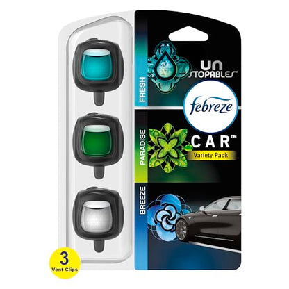 Febreze Car Air Freshener Odor-Fighting Car Vent Clip, Unstopables Variety Pack, 3-Count Pack of 3