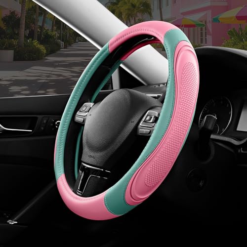Road Comforts Car Steering Wheel Cover - Microfiber Leather Steering Wheel Wrap Sports 14.5-15 Inch Steering Wheel Cover Non-Slip for Men Women Pink & Green Color - color: Pink&Green