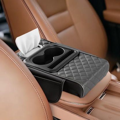 5-in-1 Car Armrest Cushion, Multifunctional PVC Leather Center Console Armrest Pillow Elbow, Universal Arm Box Pad Cover with Cup Holder, Phone Slot, Tissue Box Slot & 2 Storage Bags, Grey - color: Gray