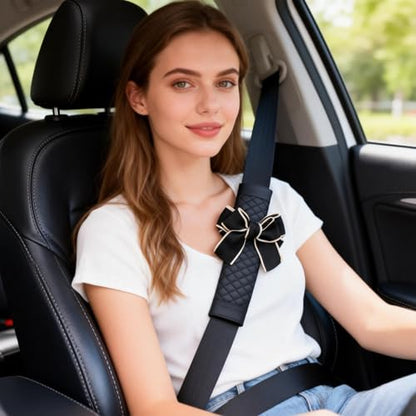 Cute Bow Leather Car Seat Belt Cover Pads,2 Pcs & 4 Pcs Seat Belt Cover for Shoulder, Seatbelt Cushion, Car Seat Strap Pads, Seatbelt Covers for Women (Black,2) - color: Black