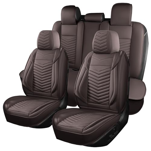 HChengkikz Nappa Leather Car Seat Covers Full Set, Brown Car seat Protector 5 Seats, Waterproof Car Seat Cushion, Universal Automotive Seat Covers Fit for SUV Truck Pick-up Sedan, Front and Rear - color: Style1 Brown, size: Full Seat