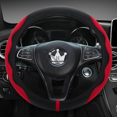 HighnessHwoo Luxury Suede Steering Wheel Cover for Cars, Soft Leather Padded Wheels Cover for Sedan, SUV, Thin Car Handle Cover, Universal Fit, Anti Slip, 14.75-15.15in, Red - color: Red+Black, size: Standard Size[14.75-15.15"](37.5-38.5cm)