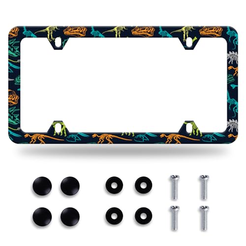 Dinosaur Bones License Plate Frame Animal Skull License Plate Frames Stainless Steel Accessories Cars Decor with 4 Holes and Screws Fits Standard US CA Vehicles Size 12.2 x 6 Inches - color: Dinosaur bones