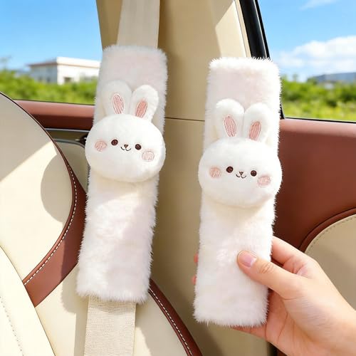 2 PCS Seat Belt Cover Pad, Cute Kawaii Animal Bunny Seatbelt Covers for Kids and Adults, Winter Plush Fluffy Soft Seat Belt Cover, Cartoon Seatbelt Cushion,Car Seat Strap Pads (F-Bunny) - color: F-Bunny