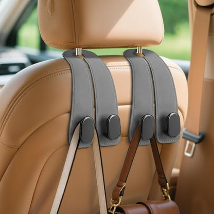 Car Seat Headrest Hooks - 2 Pack Universal Car Purse Hook, Leather Car Bag Purse Holder with Double Metal Hooks for Handbags, Grocery Bags, Bottles, Phones - color: Gray