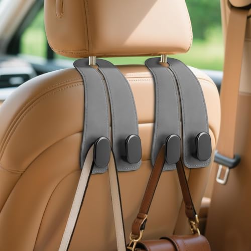 Car Seat Headrest Hooks - 2 Pack Universal Car Purse Hook, Leather Car Bag Purse Holder with Double Metal Hooks for Handbags, Grocery Bags, Bottles, Phones - color: Gray