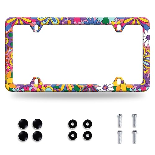 Hippie Flowers License Plate Frame Cute Floral License Plate Colorful Stainless Steel Funny Auto Parts Beautiful License Plate Decoration with Holes Screws Size 12.3" x 6.3" - color: Colorful Hippie Flowers Floral