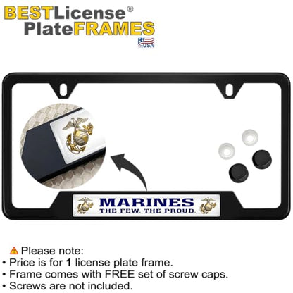 [Officially Licensed USMC Product] - Stainless Steel Black CAR 2-Hole Standard Size - Domed Custom-Made Corrosion-Resistant License Plate Frame with US Marines. The Few The Proud & Free caps -(Qty:1) - size: Marines - Style 2