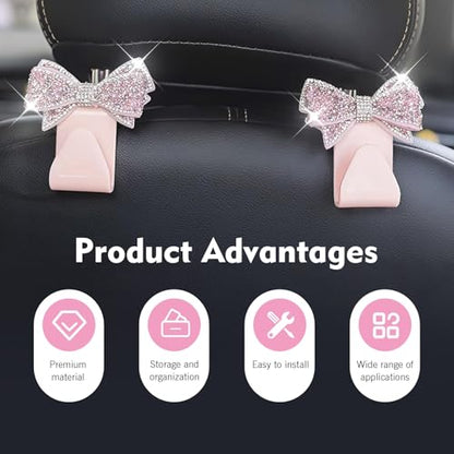 2 PCS Bling Car Seat Headrest Hooks, Crystal Rhinestone Bow Vehicle Hooks for Purses and Bags, Automotive Purse Hook Hanger, Universal Diamond Car Rear Seat Organizer (Pink) - color: Pink